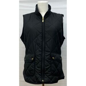 Black Quilted Vest Gold Zip Front Snap Pockets Womens M New Direction